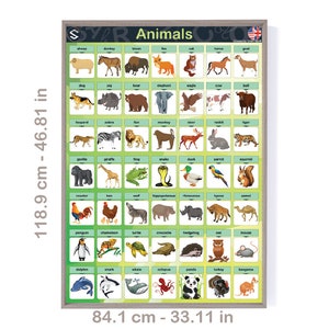 INGLÉS Vocabulario de animales imprimible Cartel de pared GRANDE para preescolares, tapices de aulas y educación en el hogar / Descarga digital