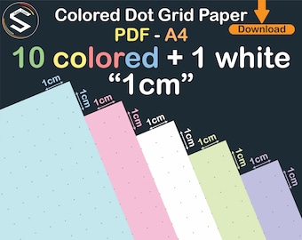 Puede incluir: Un conjunto de 11 papeles de cuadrícula de puntos imprimibles en tamaño A4. Los papeles están cuadriculados a 1 cm y presentan 10 colores diferentes, incluyendo azul claro, rosa, blanco, verde y morado.