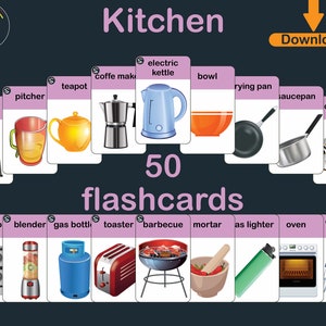Flashcards de cozinha em INGLÊS / Vocabulário de cozinha para impressão / Utensílios domésticos / Cartões Montessori / Cartões educativos / DOWNLOAD DIGITAL