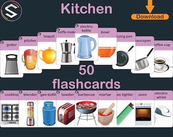 Puede incluir: Un conjunto de 50 flashcards con ilustraciones de artículos de cocina, que incluyen una cafetera, una tetera, una caldera eléctrica, un tazón, una sartén, una cacerola, un rallador, una jarra, una taza de café, una placa de cocción, una licuadora, una botella de gas, una tostadora, una barbacoa, un mortero y un pilón, un encendedor, un horno y un batidor eléctrico.