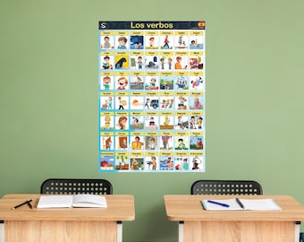 May include: A colorful Spanish language learning chart with illustrations of people performing various actions. The chart is titled "Los verbos" and includes verbs like "comer", "correr", "leer", "escribir", "hablar", "escuchar", "jugar", "cantar", "bailar", "nadar", "dormir", "comer", "beber", "dibujar", "cocinar", "conducir", "volar", "caer", "ayudar", "limpiar", "subir", "empujar", "tirar", "barrer", "recoger", "lavar", "peinar", "trabajar", "estudiar", "cobrar", "reparar", "limpiar", "abrir", "cerrar", "lamar", "vestir", "pintar", "plantar", "pescar", "encontrar", "vender", "filmar", "manejar", "examinar", "entrar".