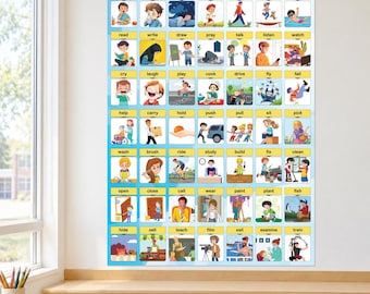 May include: An educational wall poster titled Verbs featuring a grid of 56 colorful illustrations depicting various actions. Each square contains a cartoon character performing a specific verb with the corresponding English word printed above the image.