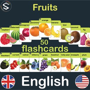 English Fruits Vocabulary printable pdf flashcards for classrooms and home schooling uses | DIGITAL DOWNLOAD [ 9x6 CM ]- A3+A4