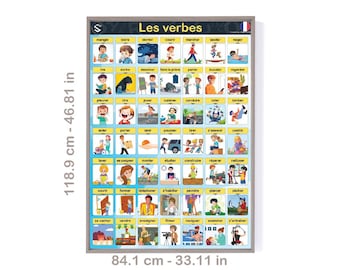May include: A colorful educational chart featuring illustrations of people performing various actions, with French verbs written in yellow boxes. The chart is titled "Les verbes" and measures 46.81 inches by 118.9 inches.