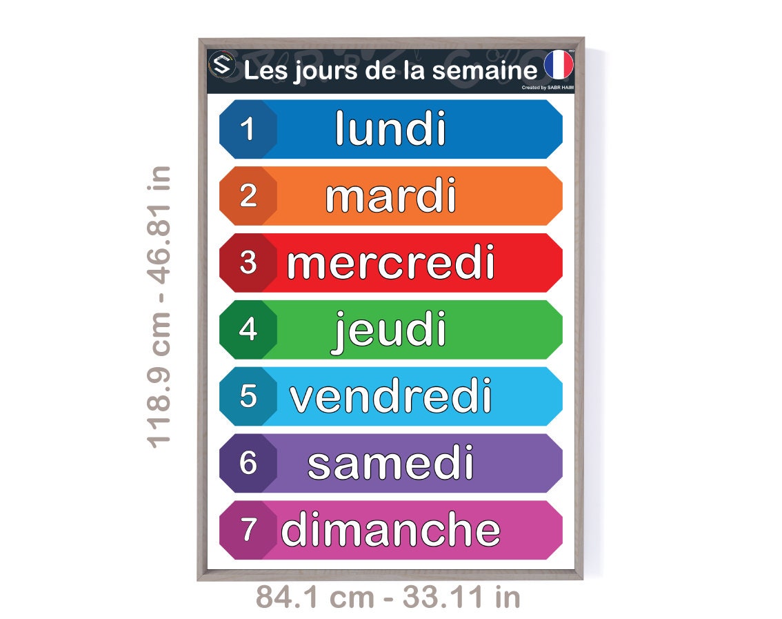 FRANÇAIS Jours de la semaine vocabulaire grande affiche pour les salles de jeux et les classes