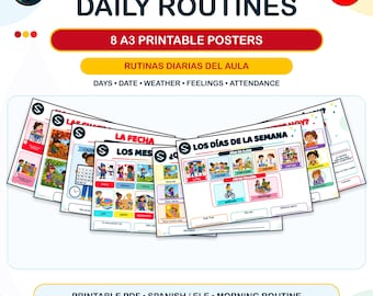 Puede incluir: Un conjunto de ocho pósteres A3 imprimibles para un aula de español, que muestran rutinas diarias, días, fechas, clima, sentimientos y asistencia. Los pósteres incluyen ilustraciones coloridas y texto en español como Los Días de la Semana.