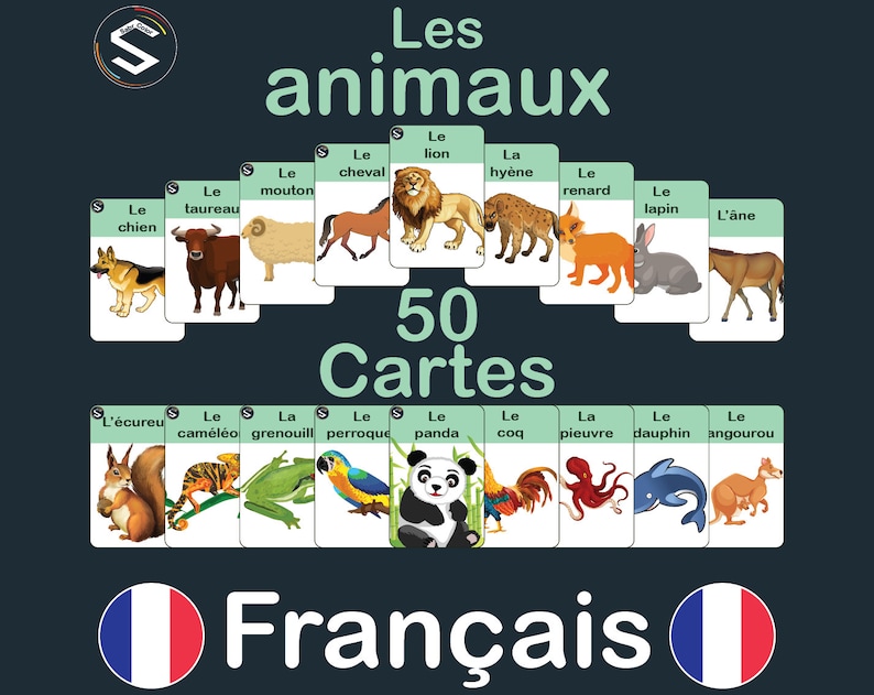 Op de afbeelding: Een set van 50 ge&iuml;llustreerde flashcards met verschillende dieren in het Frans. De kaarten zijn gelabeld met het Franse woord voor elk dier, zoals "Le Lion" en "La Grenouille". De kaarten zijn ontworpen om Frans vocabulaire te leren.