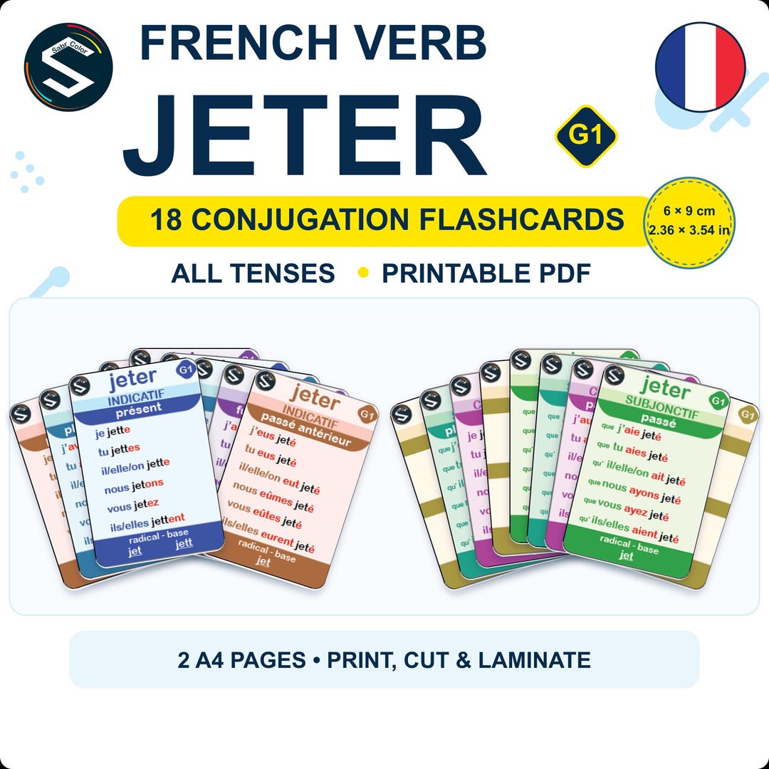 フランス語動詞 JETER の活用フラッシュカード | 印刷可能なフランス語