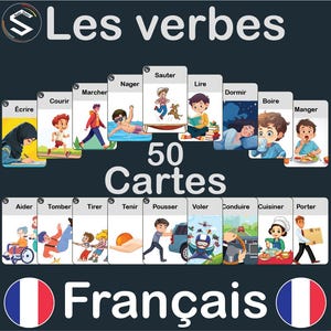 Puede incluir: Juego de 50 tarjetas educativas en francés, con ilustraciones de verbos como escribir, correr, nadar y comer. Las tarjetas muestran las palabras « Les verbes » y « Français » con la bandera francesa.