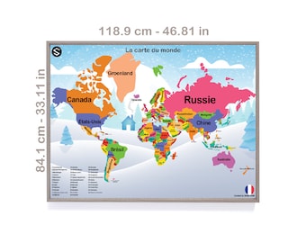 La carte Du Monde | FRENCH world Map with winter background large poster for classroom decoration | Digital Download | [5 ratios]