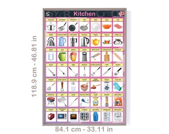English kitchen utensils vocabulary Extra Large wall poster for classrooms decoration | Digital Download.