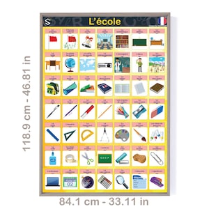 フランス語の学校用品語彙の印刷可能なポスター、子供の遊び部屋や教室の装飾用 | vocabulaire de L'école | デジタルダウンロード