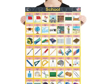 Puede incluir: Un póster educativo colorido con ilustraciones y palabras en inglés para útiles escolares y artículos de clase. El póster presenta un fondo amarillo con acentos rosados y azules. Las palabras incluyen: bandera, himno nacional, campana, aula, librería, pizarra, escritorio, mesa, globo terráqueo, mapa del mundo, proyector, profesor, estudiante, descanso, mochila, estuche de lápices, libros, diccionario, cuaderno, hoja, cuaderno, bolígrafo, bolígrafo de punta fina, marcador, lápiz, lápices de colores, sacapuntas, goma de borrar, regla, escuadra, transportador, compás, paleta, pincel, tubos de gouache, pegamento, cinta adhesiva, tijeras, pizarra, tiza, borrador, clip de papel, computadora, calendario, brújula, calculadora, lupa, etiqueta, grapadora.