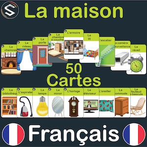 Flashcards de lista de vocabulário de itens domésticos e domésticos em FRANCÊS | Vocabulário francês da Maison | Download digital