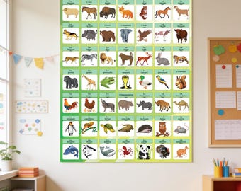 Puede incluir: Un gran póster educativo de pared titulado Les animaux que presenta una cuadrícula de cuarenta y dos ilustraciones coloridas de animales con etiquetas en francés. El gráfico muestra varios mamíferos, aves, reptiles y criaturas marinas sobre un fondo verde claro.