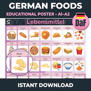 Puede incluir: Póster educativo "German Foods" con ilustraciones de varios alimentos. Incluye imágenes de pan, pasteles, pizza, hamburguesas y más. El póster también presenta el texto "Instant Download".