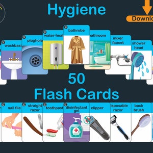 ENGLISH &quot;Hygiene&quot; Flash cards- Printable Nursery cards - Household Items cards-Montessori Hygiene flashcards / English vocabulary materials