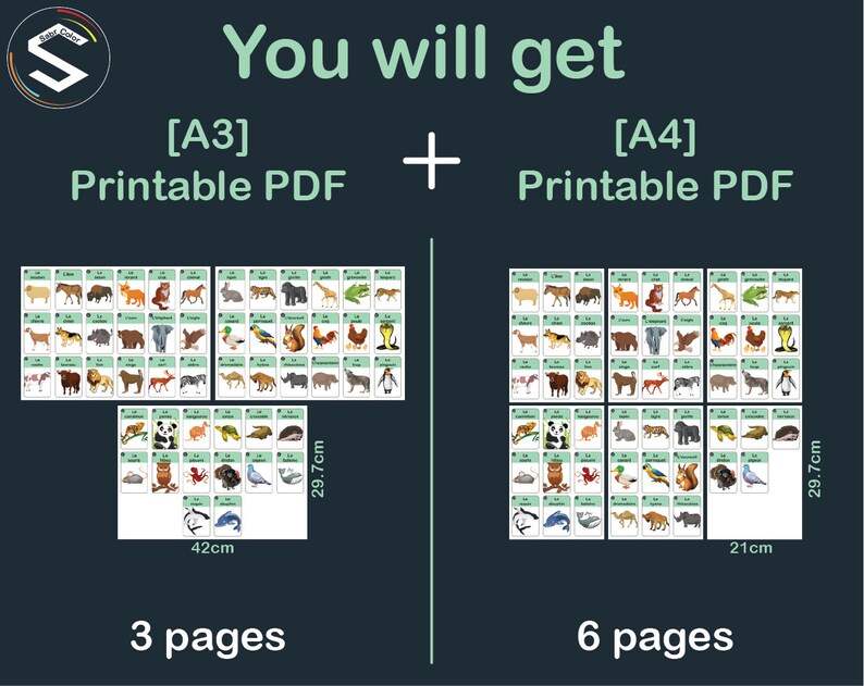 Op de afbeelding: Printbare PDF-bestanden van dierenkaartjes in twee formaten: A3 (42 cm x 29,7 cm) met 3 pagina's en A4 (21 cm x 29,7 cm) met 6 pagina's.
