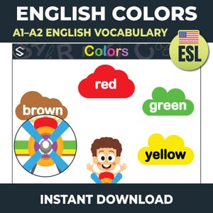 Puede incluir: Una ilustración educativa con el texto "ENGLISH COLORS" y "A1-A2 ENGLISH VOCABULARY". Presenta las palabras "red", "brown", "green" y "yellow" en forma de nube, un niño de dibujos animados y un diseño de hélice. Para estudiantes de ESL.