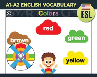 May include: A colorful educational graphic with the text "ENGLISH COLORS" and "A1-A2 ENGLISH VOCABULARY". It features the words "red", "brown", "green", and "yellow" in cloud shapes, along with a cartoon boy and a propeller design.