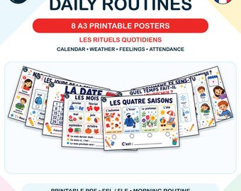 Puede incluir: Un conjunto de ocho pósteres imprimibles en tamaño A3 para una clase de francés, que muestran rutinas diarias como calendario, clima, sentimientos y asistencia. Los pósteres incluyen ilustraciones coloridas y texto en francés, como Les Jours de la Semaine, La Date, Les Mois, Les Quatre Saisons y Comment te sens-tu.