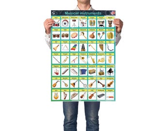 May include: A poster titled "Musical Instruments" featuring a grid of illustrated musical instruments. The poster includes drums, cymbals, a piano, and other instruments. The poster is held by a person.