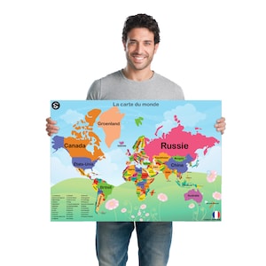 La carte Du Monde | 教室の装飾用の自然を背景にしたフランス語の世界地図の大きなポスター | デジタル ダウンロード | [5 比率]
