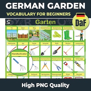 May include: A colorful educational poster with the text "GERMAN GARDEN VOCABULARY FOR BEGINNERS." The poster displays various gardening tools and related vocabulary words in German, with illustrations and labels.