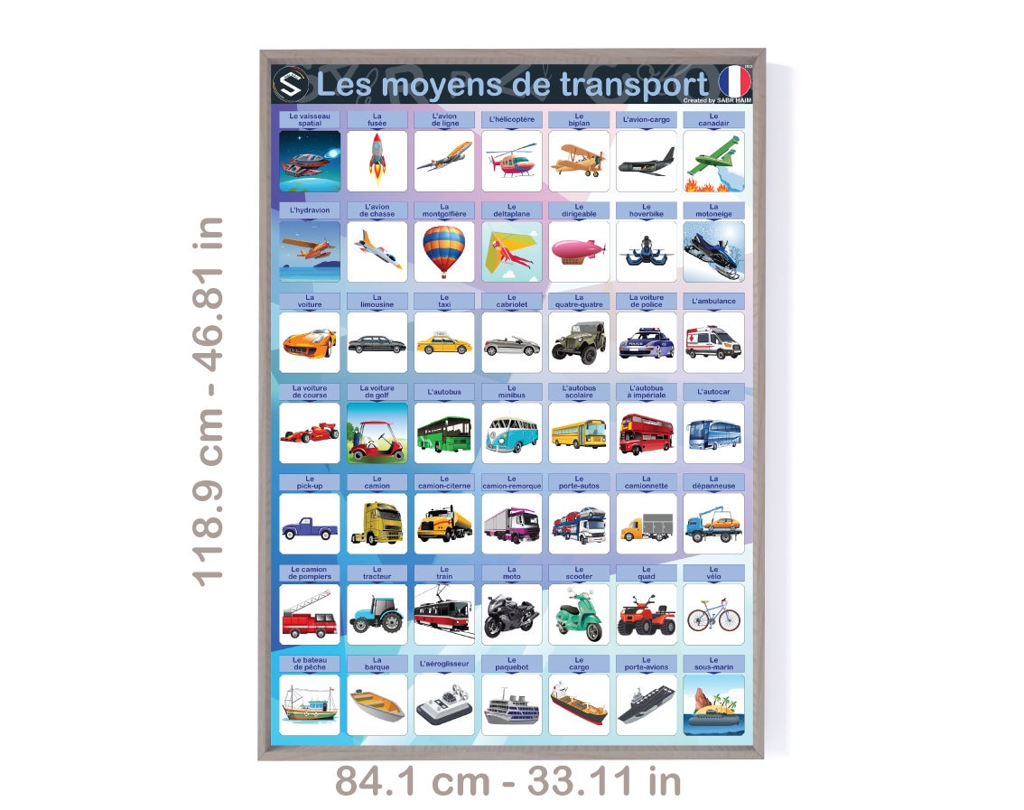 Vocabolario francese dei mezzi di trasporto cinque grandi poster per  l'arredamento di sale giochi e aule / Les moyens de transport / DOWNLOAD  DIGITALE -  Italia