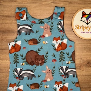 Handmade Woodland Baby Romper,  Forest Animal Children’s Outfit, Kids Clothes, Bear, Fox, Badger Leggings, Toddler Hedgehog Shorts, UK Dress