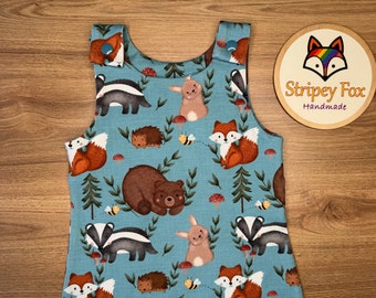 Handmade Woodland Baby Romper,  Forest Animal Children’s Outfit, Kids Clothes, Bear, Fox, Badger Leggings, Toddler Hedgehog Shorts, UK Dress