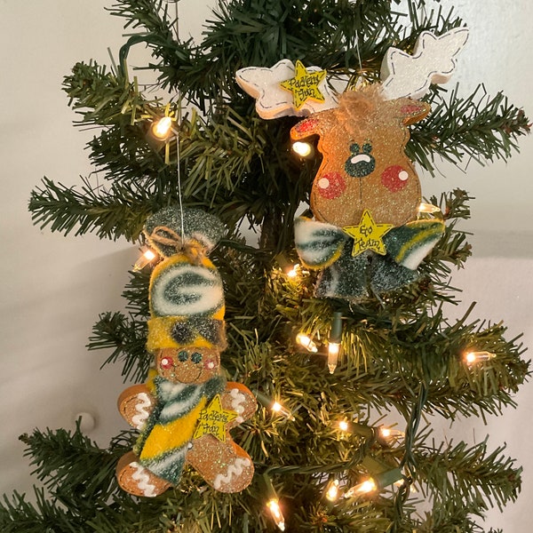Green Bay Packers Gingerbread Man and Moose Ornaments
