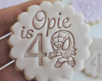 M&S Personalized Cookie Embosser with Spidey: Elegant Script, All butter Biscuits, Double Sided Cookie Cutter, Scalloped and Circle