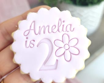 M&S Personalized Cookie Embosser with daisy: Elegant Script, All butter Biscuits, Double Sided Cookie Cutter, Scalloped and Circle