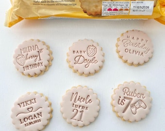 Personalized Cookie Embosser: Elegant Script, M&S Style Biscuits, Double Sided Cookie Cutter, Scalloped and Circle