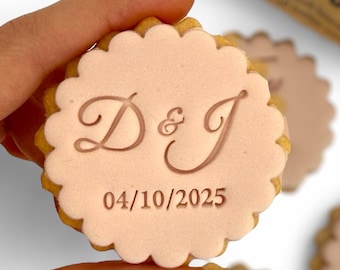 Personalized M&S Wedding Cookie Stamp: Initials and Date, Elegant Script, Double Sided Cookie Cutter, Scalloped and Circle