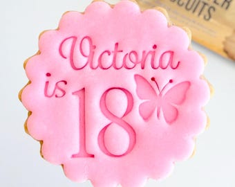M&S Personalized Cookie Embosser with Butterfly: Elegant Script, All butter Biscuits, Double Sided Cookie Cutter, Scalloped and Circle