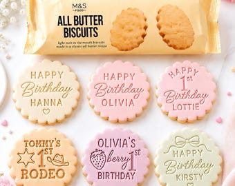 Personalised Birthday Cookie Stamp | Fits M&S All Butter Biscuits | Acrylic Embosser | Optional Double-Sided Cutter