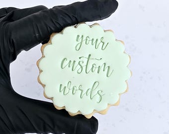 Personalized Cookie Embosser: Elegant Script, M&S Style Biscuits, Double Sided Cookie Cutter, Scalloped and Circle
