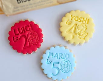 M&S size Personalized mario Cookie Embosser , Double Sided Cookie Cutter, Scalloped and Circle