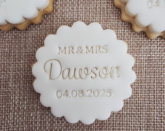 Custom Wedding Cookie Stamp: Personalized Fondant Embosser, Double Sided Cookie Cutter, Scalloped and Circle