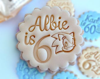 M&S Personalized Cookie Embosser with sonic: Elegant Script, All butter Biscuits, Double Sided Cookie Cutter, Scalloped and Circle