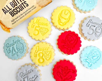 M&S size Personalized super hero Cookie Embosser , Double Sided Cookie Cutter, Scalloped and Circle