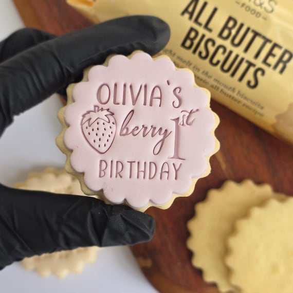 Berry First Birthday Custom Name Cookie Stamp Set: M&S Size, Double Sided Cookie Cutter