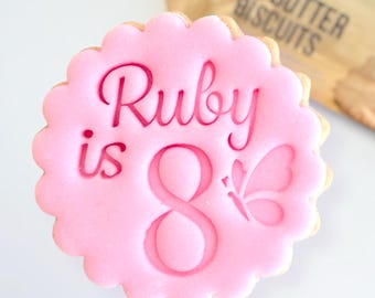 M&S Personalized Cookie Embosser with Butterfly: Elegant Script, All butter Biscuits, Double Sided Cookie Cutter, Scalloped and Circle