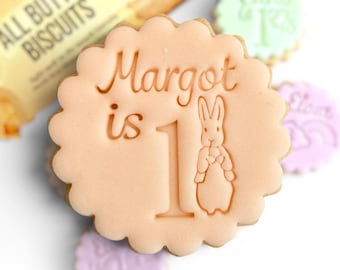 M&S Personalized Cookie Embosser with rabbit: Elegant Script, All butter Biscuits, Double Sided Cookie Cutter, Scalloped and Circle