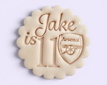 M&S Personalized Cookie Embosser with football crest: Elegant Script, All butter Biscuits, Double Sided Cookie Cutter, Scalloped and Circle