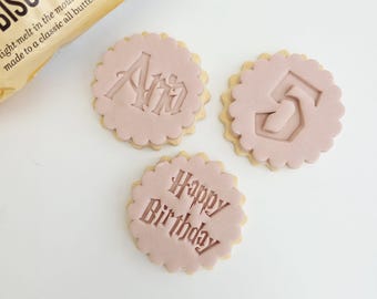 M&S size Personalized wizzard Cookie Embosser , Double Sided Cookie Cutter, Scalloped and Circle