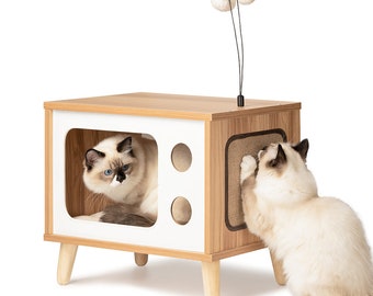 Wooden Cat House TV-shaped, Cat Condo, Wood Cat Bed, Pet Furniture, Cat Furniture, Cat Scratching Pad, Cat Interactive Toy, Wood Cat Shelter