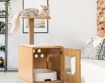 Cat Litter Box Enclosure, Cat Tree with Scratching Post, Cat House with Cat Bed, Cat Furniture, Pet Furniture, Wooden Can Bed, Cat Shelf